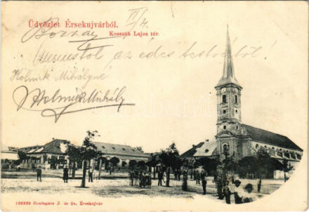 1906 Érsekújvár, Nové Zámky; Kossuth Lajos tér, templom, gyógyszertár, Conlegner J. és fia üzlete és saját kiadása / square, church, pharmacy, publisher's shop (EK)