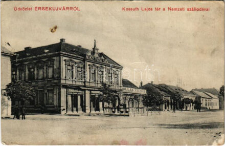 1915 Érsekújvár, Nové Zámky; Kossuth Lajos tér, Nemzeti szálloda és kávéház, Frischman és Pollak Vilmos üzlete. Winter Emil kiadása / square, hotel and café, church, shops (r)