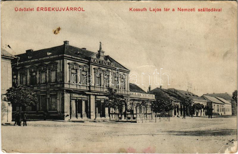 1915 Érsekújvár, Nové Zámky; Kossuth Lajos tér, Nemzeti szálloda és kávéház, Frischman és Pollak Vilmos üzlete. Winter Emil kiadása / square, hotel and café, church, shops (r)
