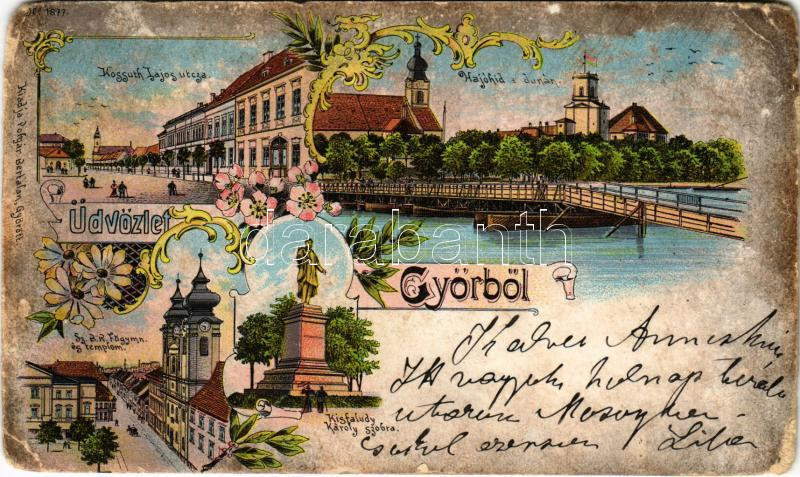 1901 Győr, Kossuth Lajos utca, Hajóhíd a Dunán, Kisfaludy Károly szobor, Szent Benedek rendi főgimnázium és templom. Polgár Bertalan kiadása, Art Nouveau, floral, litho (b)