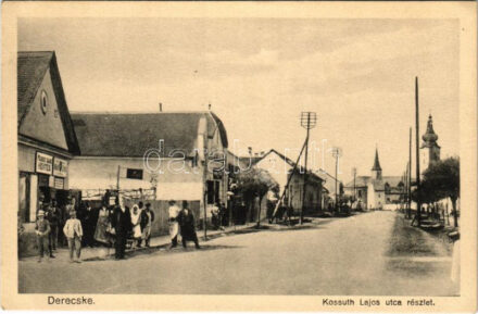 Derecske, Kossuth Lajos utca, Római katolikus templom, Református templom, dohánybolt, hentes üzlete. Truszka Károly kiadása