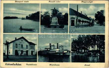 Kiskunlacháza, Duna-parti részlet, Kossuth szobor, Nagyvendéglő, étterem, automobil, vasútállomás, Hajóállomás, gőzhajó, strand, fürdőzők. Kovács Zoltán kiadása (EK)