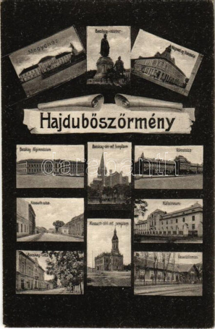Hajdúböszörmény, Kossuth téri református templom, Megyeháza, Bocskai szobor, Központi új fiúiskola, Kossuth utca, Bocskay fiúgimnázium, Városháza, Kálvineum, Bocskai téri református templom, Bocskai utca, vasútállomás. Hangya