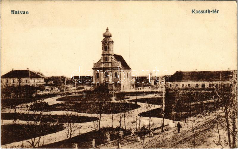 Hatvan, Kossuth tér, templom. Vasúti levelezőlapárusítás 9164. (EK)