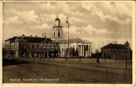 1947 Mezőtúr, Kossuth tér, Református templom, Antal József üzlete. Borbély Gyula kiadása (EB)