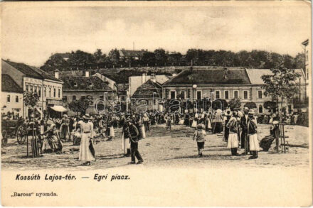 Eger, Kossuth Lajos tér, piac. Baross nyomda (EK)