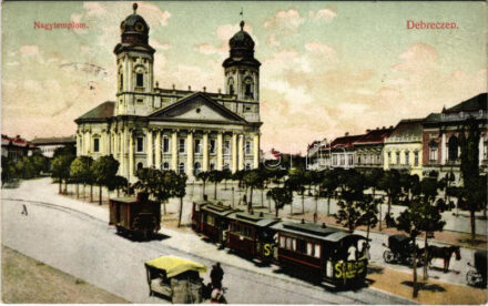 1915 Debrecen, nagytemplom, piac, városi vasút, kisvasút Schicht reklámmal, vonat. Antalfy József kiadása