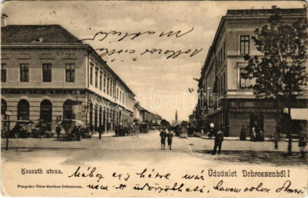 1908 Debrecen, Kossuth utca, piac, Tóth Gyula üzlete. Pongrácz Géza kiadása (EK)