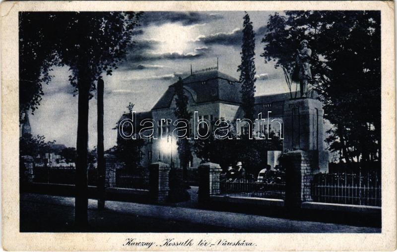 1929 Karcag, Kossuth tér és szobor, Városháza este. Kertész József kiadása (Rb)