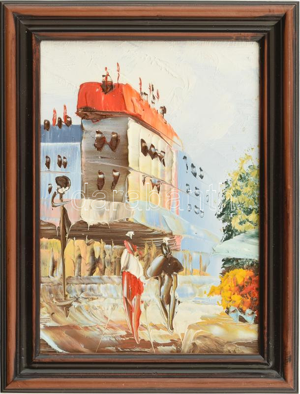 Jelzés nélkül: Utca sétálókkal. Olaj, farost. Fakeretben. 15x11 cm