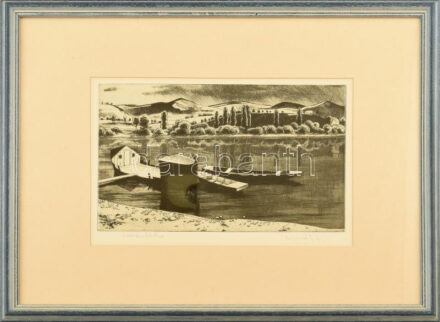 Novák Lajos (1927-1989): Halászbárka. Rézkarc, papír, jelzett, üvegezett fakeretben, 19,5×29,5 cm