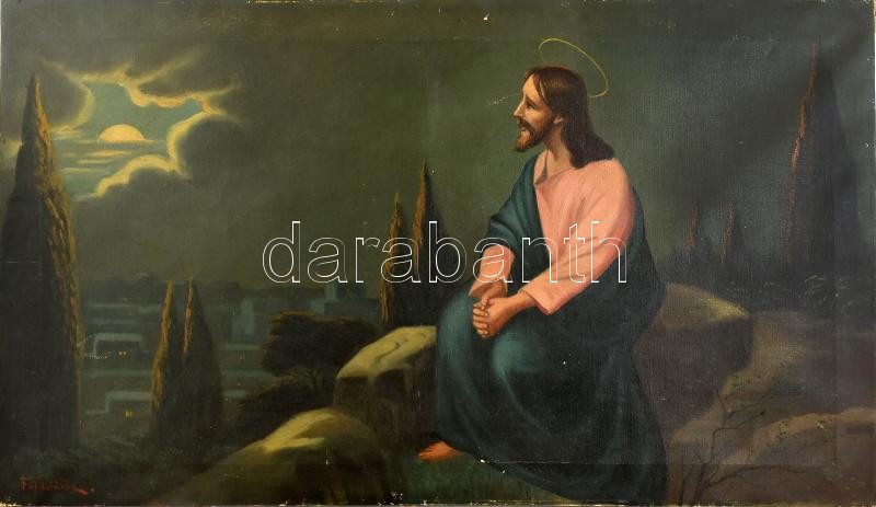 Földvári jelzéssel: Jézus az olajfák hegyén. Olaj, vászon. Kissé sérült. 55x94 cm