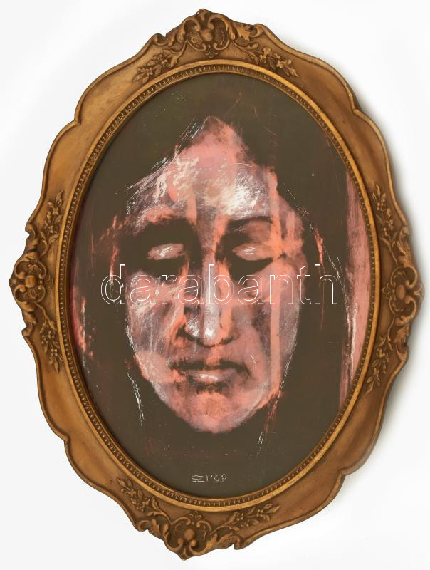 Dekoratív, ovális, üvegezett fa képkeret, olvashatatlan jelzésű festménnyel, belső méret: 30x24,3 cm