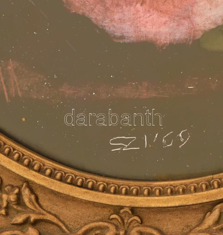 Dekoratív, ovális, üvegezett fa képkeret, olvashatatlan jelzésű festménnyel, belső méret: 30x24,3 cm - Image 2