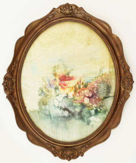 Kiss Elek (1938-1995): Szürreális kép. Olaj, papír. Jelezve jobbra középen. 30x24 cm Dekoratív, ovális, üvegezett fa képkeretben.