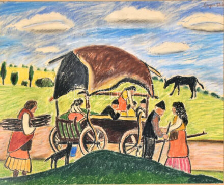 Nyergesi István (1900-1989): Útközben. Kréta, papír, jelzett, üvegezett fa keretben. 41x54 cm