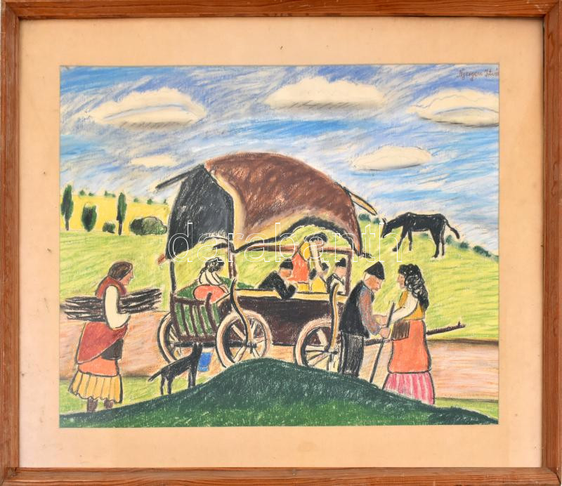 Nyergesi István (1900-1989): Útközben. Kréta, papír, jelzett, üvegezett fa keretben. 41x54 cm - Image 2