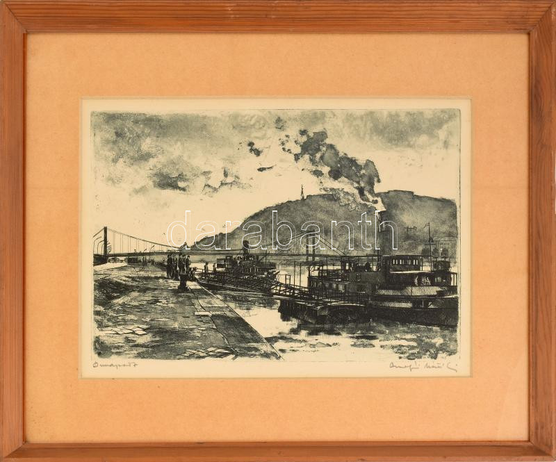 Csurgói Máté Lajos (1931-2001): Dunapart (Budapest), rézkarc, papír, jelzett, üvegezett fakeretben, 20×30 cm
