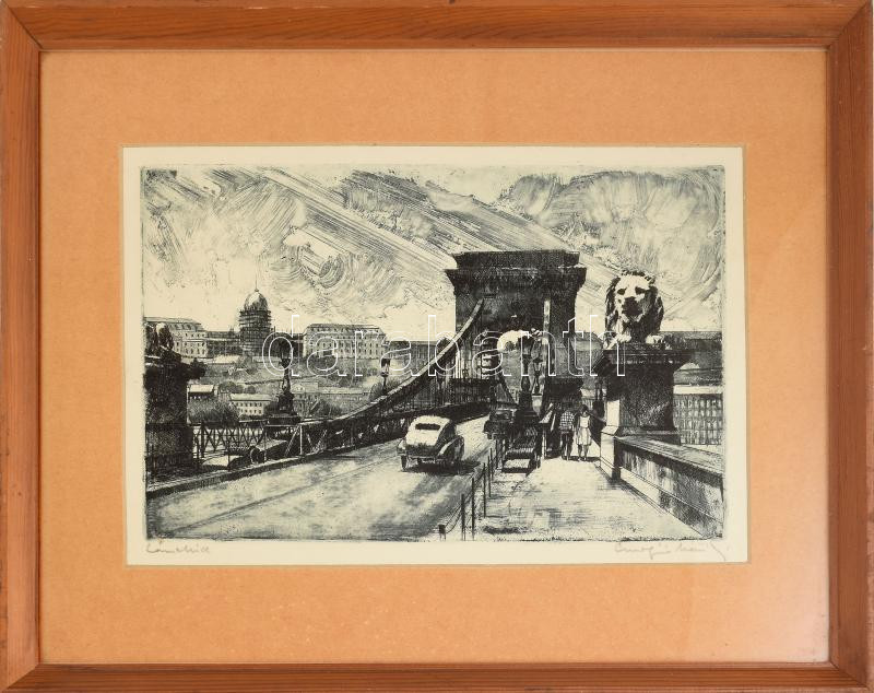 Csurgói Máté Lajos (1931-2001): Lánchíd, rézkarc, papír, jelzett, üvegezett fakeretben, 20×30 cm
