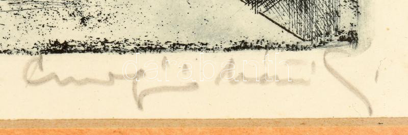 Csurgói Máté Lajos (1931-2001): Lánchíd, rézkarc, papír, jelzett, üvegezett fakeretben, 20×30 cm - Image 2