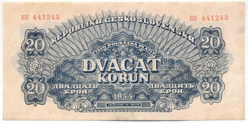 Csehszlovákia 1944. 20K T:VF kis folt Czechoslovakia 1944. 20 Korun C:VF small spot Krause P#47