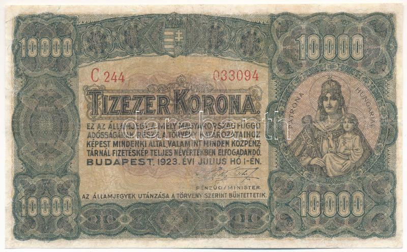 1923. 10.000K nyomdahely jelölés nélkül, 'C 244 033094' T:F,VG restaurált Adamo K42/2