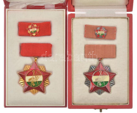~1970. 'Szakszervezetek Országos Tanácsa' arany és ezüst fokozatának kitüntetése szalaggal, szalagsávon miniatűrrel dísztokban T:1,3