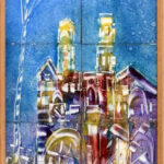 K. Holéczy Etus: Zsinagóga, csempekép, jelzett, fakeretben, 77x32 cm, 10 darab elemből, néhány csempe mozog