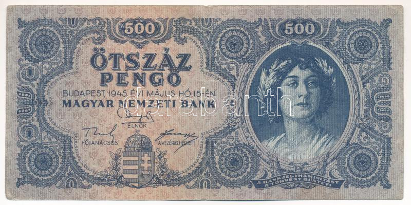 1945. 500P magyar 'N' betű orosz 'P' helyett T:F kis folt Adamo P19h