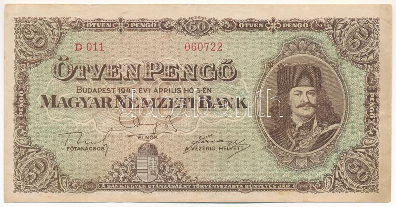 1945. 50P eltolódott hátlapi nyomattal T:F folt Adamo P15