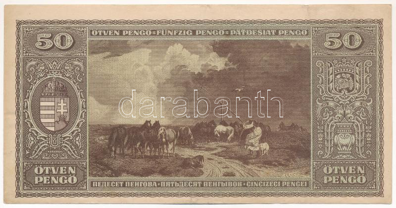 1945. 50P eltolódott hátlapi nyomattal T:F folt Adamo P15 - Image 2