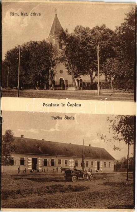 Csepin, Cepin (Eszék, Osijek); Rim. kat. crkva, Pucka skola / római katolikus templom, iskola, autó / church and school, automobile (vágott / cut)