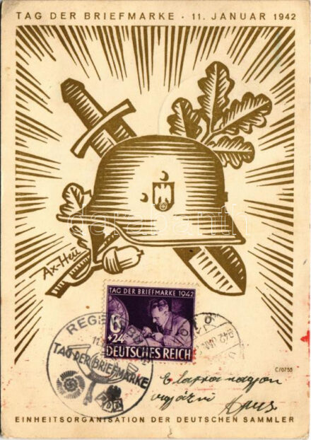 1942 Tag der Briefmarke. Einheitsorganisation der Deutschen Sammler / WWII Day of the German Stamp, NSDAP German Nazi Party propaganda, swastika s: Axster-Heudtlass + 'Tag der Briefmarke 11. 1. 1942. REGENSBURG' So. Stpl. (EK)
