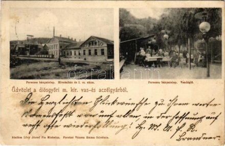 1904 Pereces (Miskolc), Diósgyőri m. kir. vas- és acélgyár bányatelepe, hivatalház és I. sz. akna, vendéglő kert. Lövy József fia kiadása, Forstné Váncza Emma felvétele (EK)