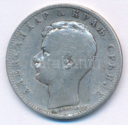 Szerbia 1897. 1D Ag 'I. Sándor' T:F kis patina Serbia 1897. 1 Dinar Ag 'Alexander I' C:F small patina Krause KM#21