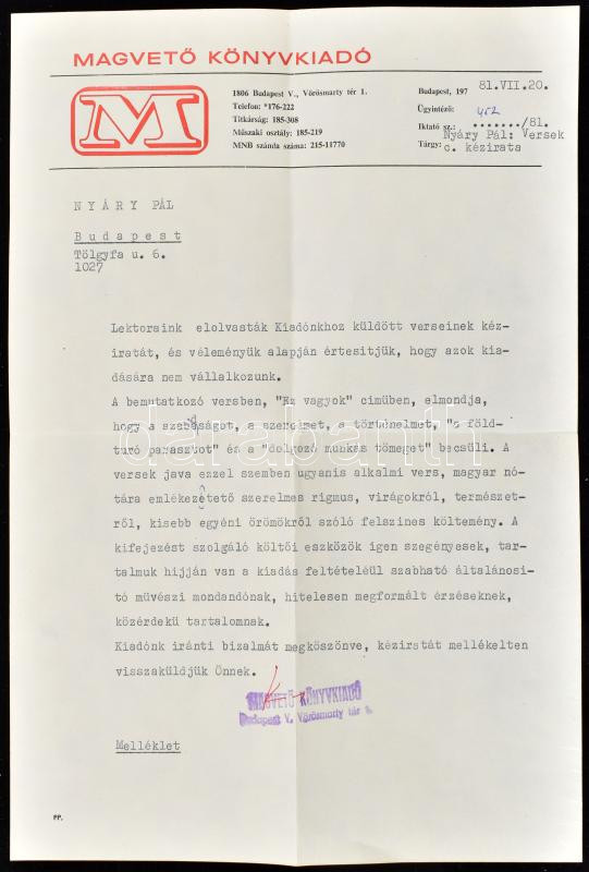 1981 Nyáry Pál: Egyszer volt ... Verses regék és népi hagyományok c. verseskötetének gépelt kézirata, benne néhol javításokkal, 161+2 p. + Magvető könyvkiadó, gépelt elutasító levele. - Image 4