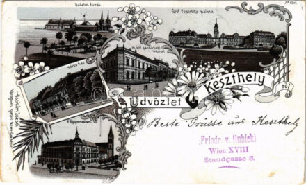 1901 Keszthely, Balaton fürdő, Gróf Festetics kastély, M. kir. gazdasági tanintézet, Városháza, Főgimnázium. Vasvári József kiadása. Art Nouveau, floral, litho (r)