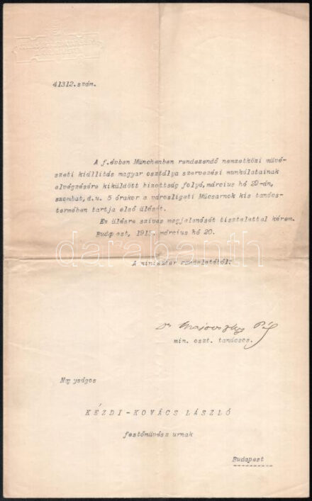 1913-16 2 db Kézdi-Kovács művészcsaládhoz kapcsolódó levél/okmány: 1913 Majovszky Pál (1871-1935), a vallás- és közoktatásügyi minisztérium művészeti ügyosztályának vezetőjének levele Kézdi-Kovács László (1864-1942)