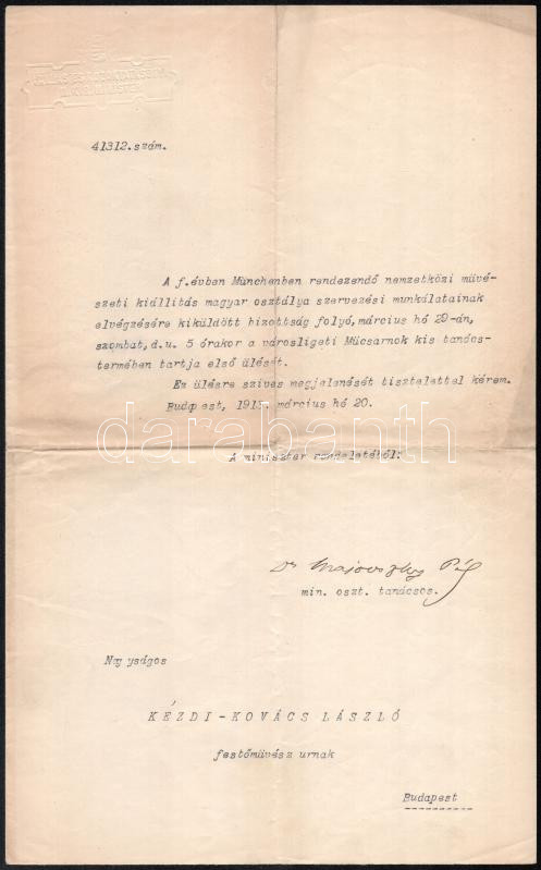 1913-16 2 db Kézdi-Kovács művészcsaládhoz kapcsolódó levél/okmány: 1913 Majovszky Pál (1871-1935), a vallás- és közoktatásügyi minisztérium művészeti ügyosztályának vezetőjének levele Kézdi-Kovács László (1864-1942)