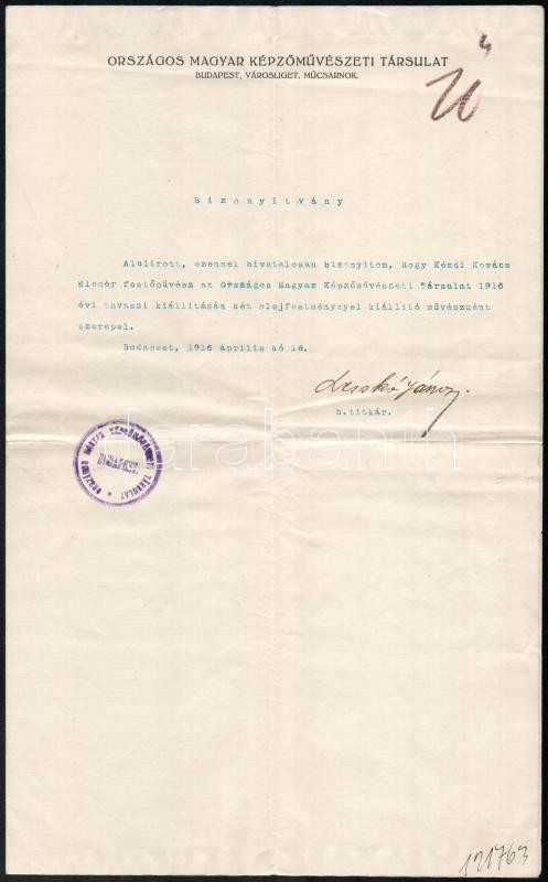 1913-16 2 db Kézdi-Kovács művészcsaládhoz kapcsolódó levél/okmány: 1913 Majovszky Pál (1871-1935), a vallás- és közoktatásügyi minisztérium művészeti ügyosztályának vezetőjének levele Kézdi-Kovács László (1864-1942) - Image 3