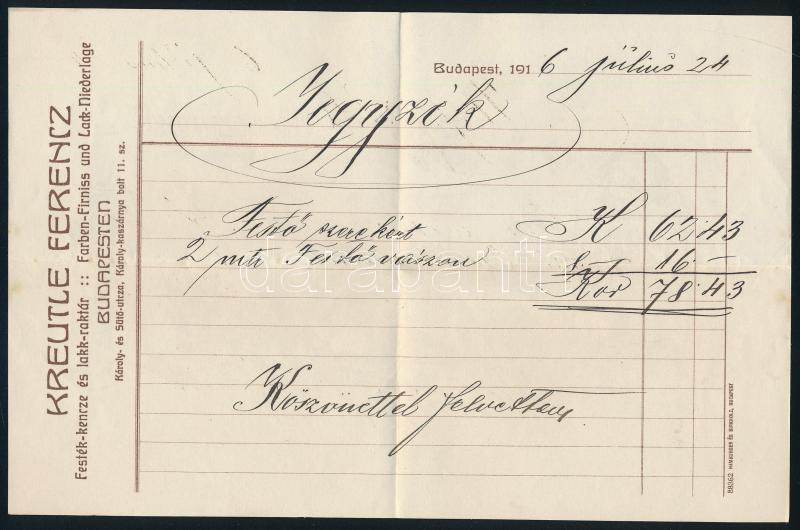 1916-1944 Sárdy Brutus (1892-1970) restaurátor, festőművész és feltehetően Kézdi-Kovács László (1864-1942) festőművész részére kiállított okmányok: 1944 ellennyugta lakbérről. + 1916 jegyzék festőszerről és - Image 2