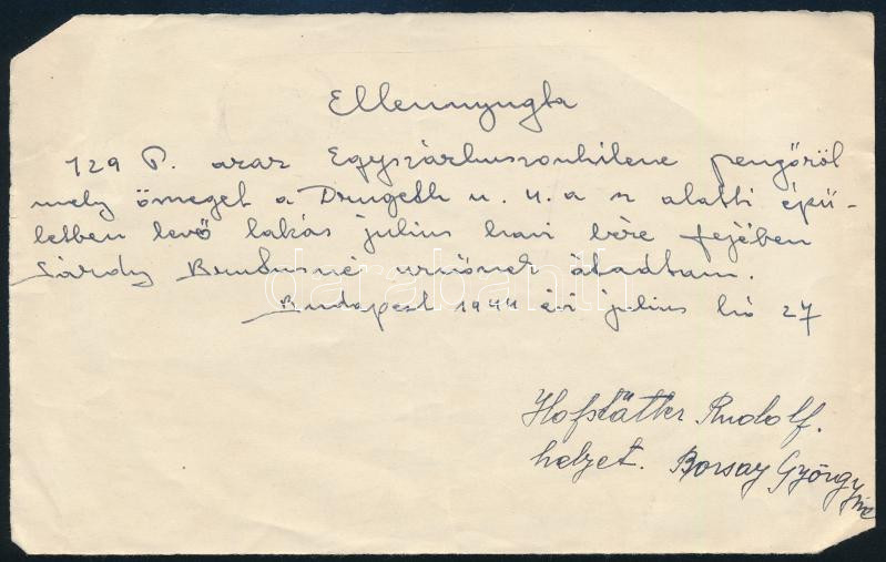 1916-1944 Sárdy Brutus (1892-1970) restaurátor, festőművész és feltehetően Kézdi-Kovács László (1864-1942) festőművész részére kiállított okmányok: 1944 ellennyugta lakbérről. + 1916 jegyzék festőszerről és - Image 3