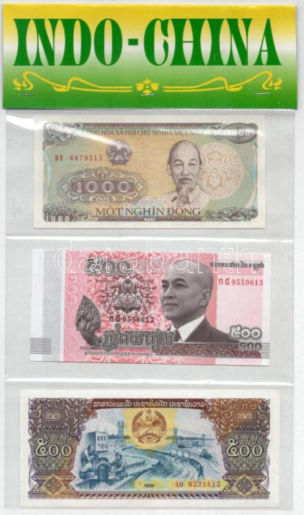Vietnam 1988. 1000D + Kambodzsa 2014. 500R + Laosz 1988. 500K együtt, 'Indo-China' szettben T:UNC Vietnam 1988. 1000 Dong + Cambodia 2014. 500 Riels + Laos 1988. 500 Kip together, in 'Indo-China' set C:UNC