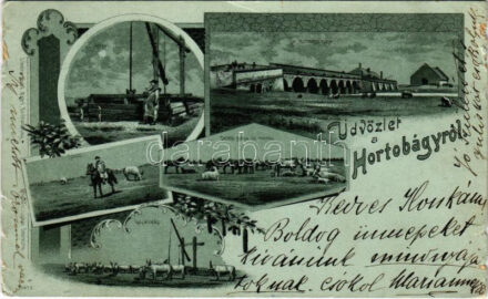 1901 Hortobágy, gulyás, csikós, delelő gulya és ménes, gulyaitatás, a Hortobágy hídja, magyar folklór. László Albert kiadása. Art Nouveau, floral, litho (szakadások / tears)