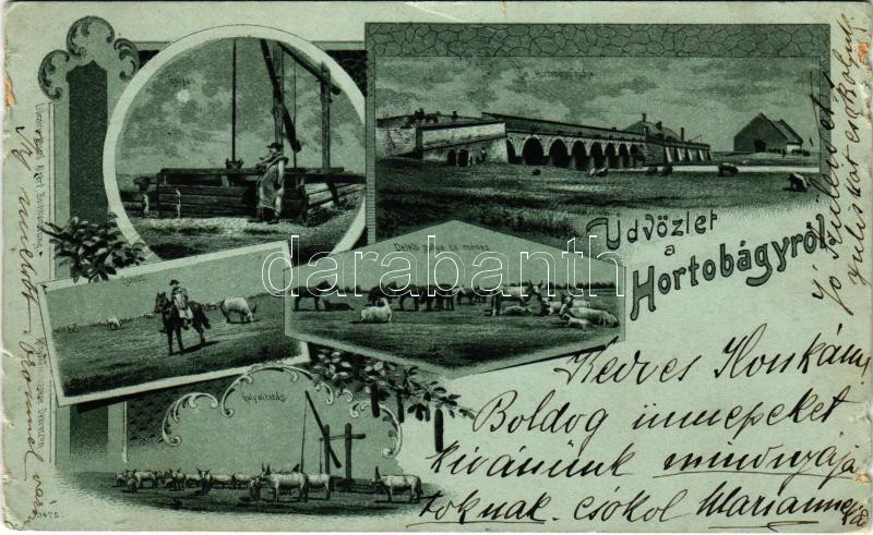 1901 Hortobágy, gulyás, csikós, delelő gulya és ménes, gulyaitatás, a Hortobágy hídja, magyar folklór. László Albert kiadása. Art Nouveau, floral, litho (szakadások / tears)