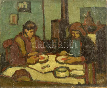 Magos Gyula (1932-1995): Ebédelők. Olaj, vászon, jelezve jobbra lent. 33x41 cm