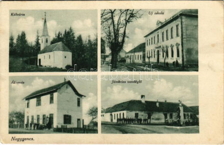 Nagygencs, Kálvária, állomás, Új iskola, Jámbrics vendéglő. Haber fényképész kiadása (gyűrődések / creases)