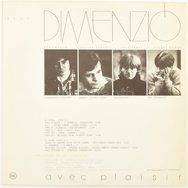 Dimenzió - Avec Plaisir. Vinyl, LP, Album. Krém, Magyarország, 1987. VG+ - Image 2