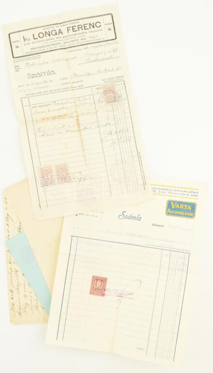 cca 1901-1940 Vegyes számla tétel (Ifj. Longa Ferenc, Kis Vilmos, Fried Üveg, stb.)