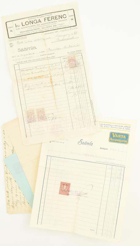 cca 1901-1940 Vegyes számla tétel (Ifj. Longa Ferenc, Kis Vilmos, Fried Üveg, stb.)